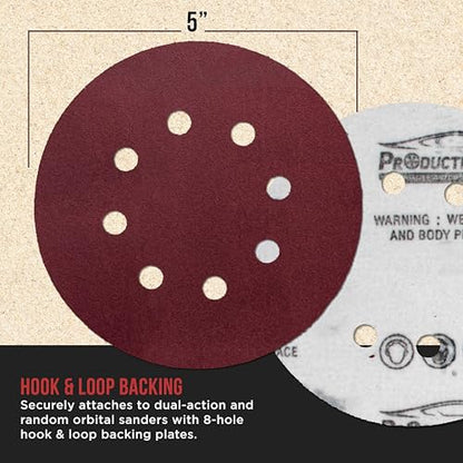 ProductionShop Premium 5" Red 8-Hole Pattern 180 Grit Sanding Discs, Box of 50 - Dustless Hook & Loop Backing Sandpaper for Random Orbital Sanders, Fine-Cut Abrasive - Woodworking, Sand Auto Paint - style: 180 Grit
