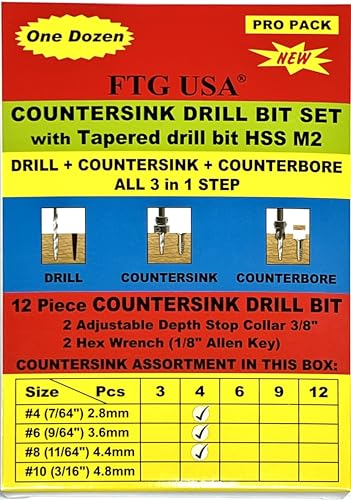 FTG USA 12 Pc Set (4 Each #4#6#8) Tapered Countersink Drill Bit Hex Shank - size: #4#6#8, style: Same Sort 4 Pc