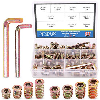 Glarks 120Pcs 1/4"-20, 5/16"-18 Threaded Inserts Nuts Assortment Set, Zinc Plated Carbon Steel Hex Socket Drive Furniture Flanged Screw-in Nut with M6 M8 Hex Wrench for Wood Furniture - size: 1/4"-20 & 5/16"-18 Assortment