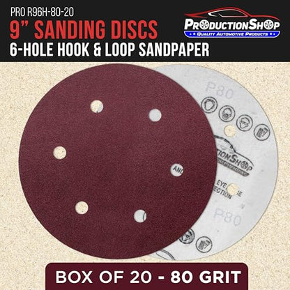 ProductionShop Premium 9" Red 6-Hole Pattern 80 Grit Sanding Discs, Box of 20 - Dustless Hook & Loop Backing Sandpaper for Drywall Power Sanders, Coarse-Cut Abrasive - Woodworking, Sand Auto Paint - style: 80 Grit