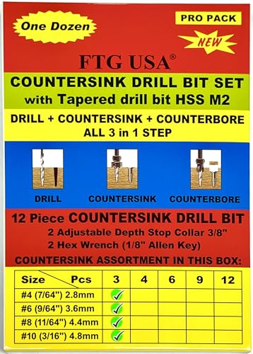FTG USA Countersink Drill Set #4#6#8#10 (3 Pc Each) Tapered Drill Bits - size: #4#6#8#10, style: Same Sort 3 Pc
