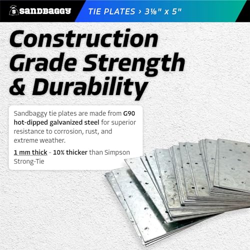Sandbaggy Tie Plate for Wood (3-1/8" x 5") - Hot Dipped Galvanized Steel - 20 Gauge - 23 Nail Holes (Similar to Simpson Strong-Tie TP35) (3.125" x 5", 50)
