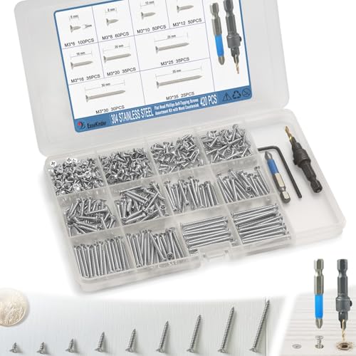 420PCS Wood Screws Assortment Kit, #4 Self Tapping Screw Set (9 Sizes) - size: SS304 M3