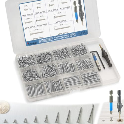420PCS Wood Screws Assortment Kit, #4 Self Tapping Screw Set (9 Sizes) - size: SS304 M3