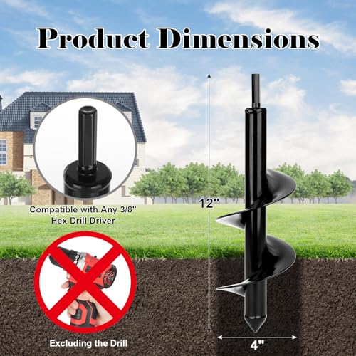 Auger Drill Bit for Planting 4 x12, Fit 3/8'' Hex Drill, Black - size: 4x12 inch