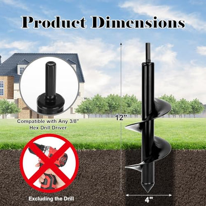 Auger Drill Bit for Planting 4 x12, Fit 3/8'' Hex Drill, Black - size: 4x12 inch