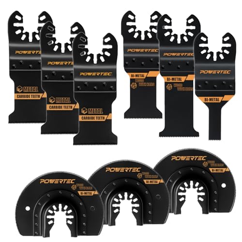 POWERTEC 14504 Oscillating Tool Blade 9pc Set – Bi-Metal & Carbide Multitool Blades with 2 Adapters for Fast Wood Cutting, Flush Cutting, and Cutting Hardened Metal, Bolts, Screws & Nails - size: Straight & Semi-Circular (Bi-Metal, Carbide), 9PCs, style: