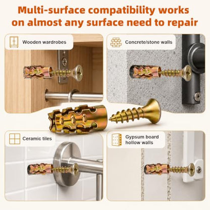50pcs Hinge Repair Screws & 50pcs Expansion Anchors, Premium Short Expansion Screw Set for Cabinet Door Suitable for Wood Concrete Tile and More