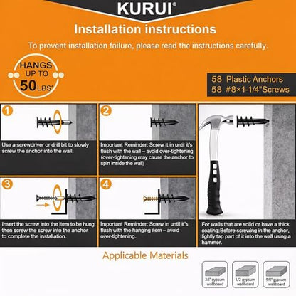 KURUI Metal Self Drilling Drywall Anchors, Shatter-Resistant Wall Anchors