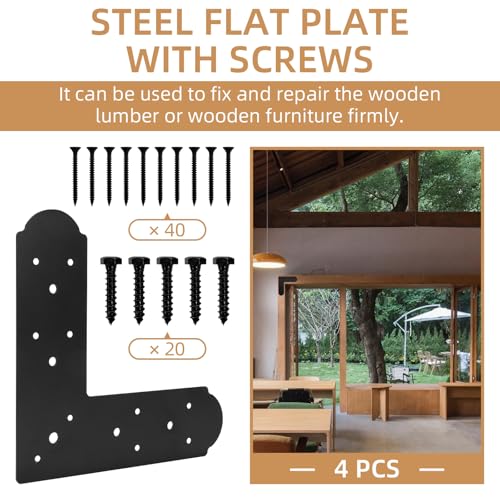 L Shape Steel Flat Bracket, 4 Pcs 10" X 10" Flat Fixing Mending Plates Black Flat Repair Plate Bracket with Screws Set for Wood Lumber Timber Connectors - style: L