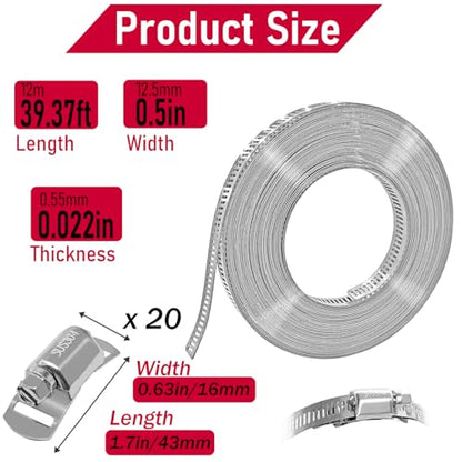 Hose Clamps Assortment Kit, CUKAYO 304 Stainless Steel DIY 39.37 FT Metal Strap+20 Stronger Fasteners, Large Adjustable Worm Gear Band Hose Clamps Screw Clamps Duct Pipe Metal Clamp Strapping - size: 39.37FT Metal Strap + 20 Fasteners