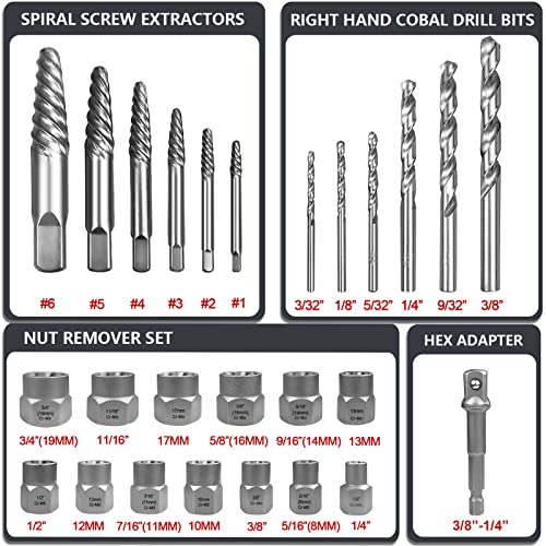 26-Piece Screw & Drill Bit Set, Multi-Spline & Bolt Extractors, Spiral Extractor for Broken Studs & Fittings - color: 26-PIECE