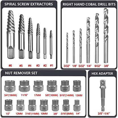 26-Piece Screw & Drill Bit Set, Multi-Spline & Bolt Extractors, Spiral Extractor for Broken Studs & Fittings - color: 26-PIECE