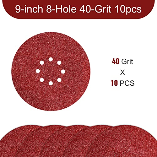 Awutzut 9 inch Sanding Discs 40 Grit 8 Holes Hook and Loop Sandpaper for Drywall Sander 10Pack - style: 40Grit