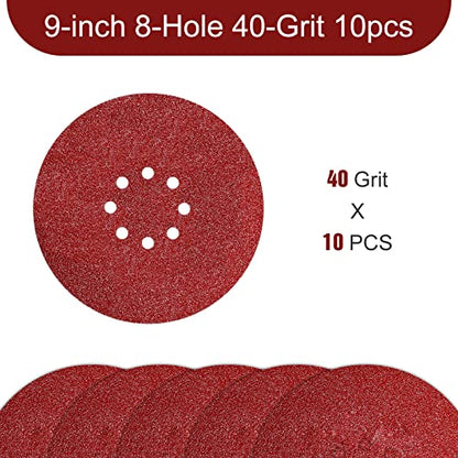Awutzut 9 inch Sanding Discs 40 Grit 8 Holes Hook and Loop Sandpaper for Drywall Sander 10Pack - style: 40Grit