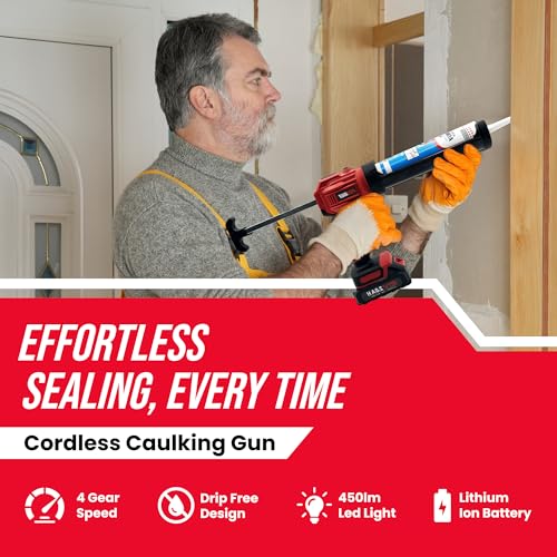 PROMAKER Cordless Caulking Gun, 21V Caulk gun w/ 2 Batteries, LED Light, Adjustable Speed, 3 Nozzle Adapters, 5 Knife Heads, 10 Oz Capacity, 550Lb Pushing Force, Caulk Tool Trowel & Scraper