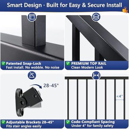 36 in H x 12 ft W Modular Real Aluminum Stair Railing Kit, 2 Panels - color: 6ft Stair - 2Pack