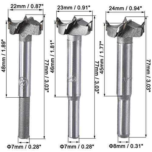 uxcell Forstner Wood Boring Drill Bits 22mm 23mm 24mm Dia. Hole Saw Carbide Alloy Steel Tip Round Shank Cutting for Hinge Plywood Wood Tool 3in1 Set - size: 22mm, 23mm, 24mm