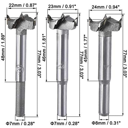 uxcell Forstner Wood Boring Drill Bits 22mm 23mm 24mm Dia. Hole Saw Carbide Alloy Steel Tip Round Shank Cutting for Hinge Plywood Wood Tool 3in1 Set - size: 22mm, 23mm, 24mm