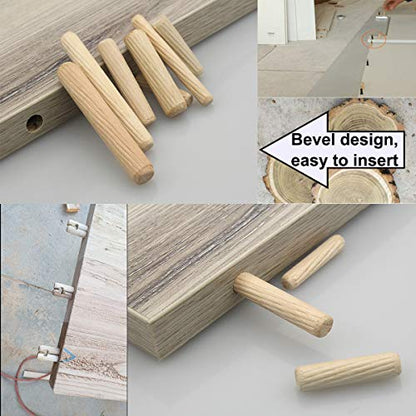 smseace 400PCS Straight Groove Wooden Dowel Pins with Tapered End with Bevel Angle, 1/4inch 5/16inch 3/8inch(6mm, 8mm, 10mm) Wooden Dowel Pins, Used for Crafts, Furniture, DIY Manual