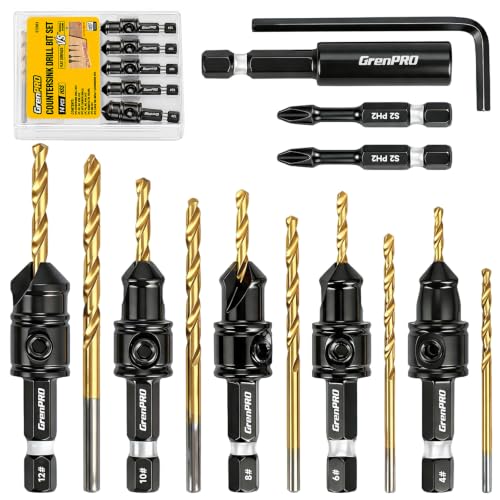 GRENPRO Countersink Drill Bit Set, 14PCS 2-Flute Adjustable Bits for Wood