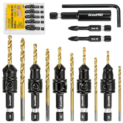 GRENPRO Countersink Drill Bit Set, 14PCS 2-Flute Adjustable Bits for Wood