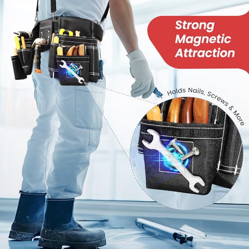Professional Tool Belt for Men, Magnetic Tool Pouch with Suspenders - color: Black