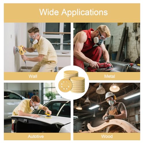 110Pcs 5 Inch Hook and Loop Sanding Discs | 8-Hole Dust-Free, 600 Grits Yellow Diamond | 135G Latex Backing | for Wood/Metal/Auto