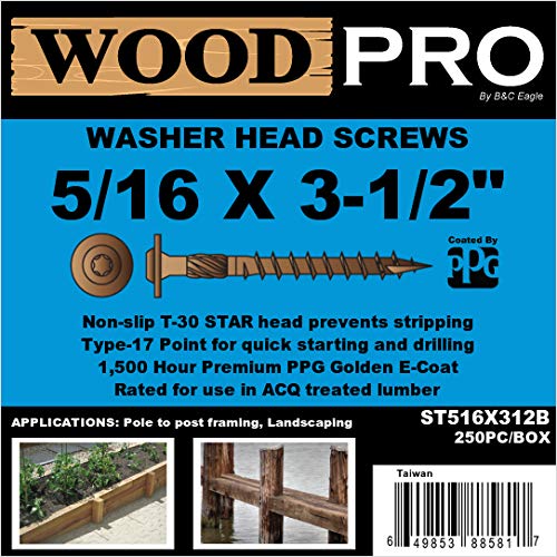 WoodPro Fasteners ST516X312B 5/16-Inch by 3-1/2-Inch Length Round Washer Head Exterior Wood Screws, 250-Pack, Gold