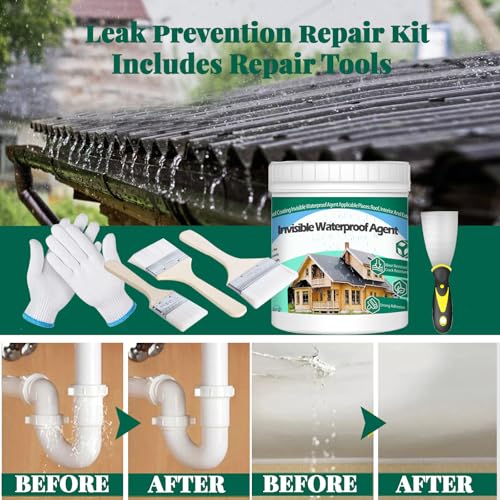 QUKLOGEN 1Kg/35.3Fl.oz Invisible Waterproof Agent Indoor&Outdoor Waterproof Coating Set Transparent Liquid Sealant with Wooden Brush Resistant Work Gloves Putty Shovel Cut - style: 1Kg/35.3Fl.oz