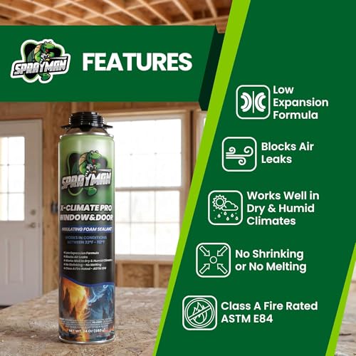 Sprayman X-Climate Pro Window&Door Expanding Foam Sealant (12x24oz) Professional Expansion Polyurethane Foam, High Heat Resistant, Waterproof Insulating Gap Filler, Gun&Cleaner Not Included - 12 Pack - size: 12 Pack, style: Pack