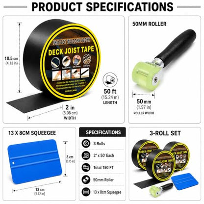 Deck Joist Tape Kit, 3 Rolls 2 in x 50 ft with Roller and Squeegee