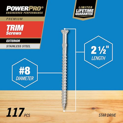 Power Pro Premium 305 Stainless Steel Trim Screws (#8 x 2-1/2") - 1lb Box