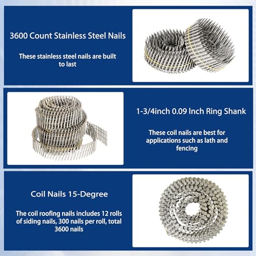 waltyotur 3600 Count Stainless Steel Coil Roofing Ring Shank Siding Nails 15-Degree Collated Wire Coil 1-3/4 Inch, 0.09 Inch Ring Shank, Small Cap Coil Stud Siding Nails - size: 1-3/4 Inch x 0.09 Inch
