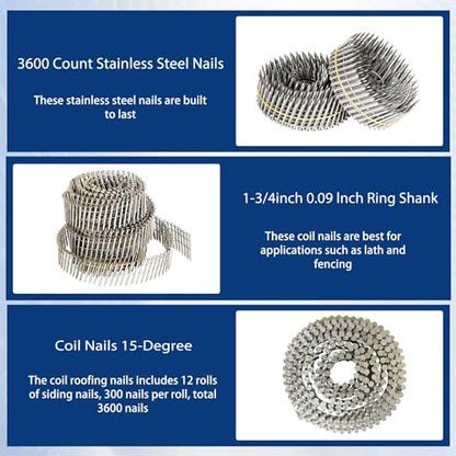 waltyotur 3600 Count Stainless Steel Coil Roofing Ring Shank Siding Nails 15-Degree Collated Wire Coil 1-3/4 Inch, 0.09 Inch Ring Shank, Small Cap Coil Stud Siding Nails - size: 1-3/4 Inch x 0.09 Inch