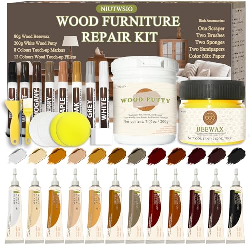 Wood Furniture Repair Kit – Set of 34 with Putty, Beewax, Fillers & Markers