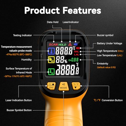 50:1 Infrared Thermometer IR Laser Gun, 1796°F Digital - color: -58°F to 1796°F/-4°F to 932°F