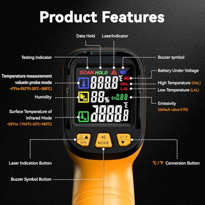 50:1 Infrared Thermometer IR Laser Gun, 1796°F Digital - color: -58°F to 1796°F/-4°F to 932°F