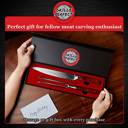 Meat Carving Knife Set with Fork, Kitchen Tool for Turkey, Ham, Pork, Full Tang Stainless Steel, Hardwood Handle and Gift Storage Box