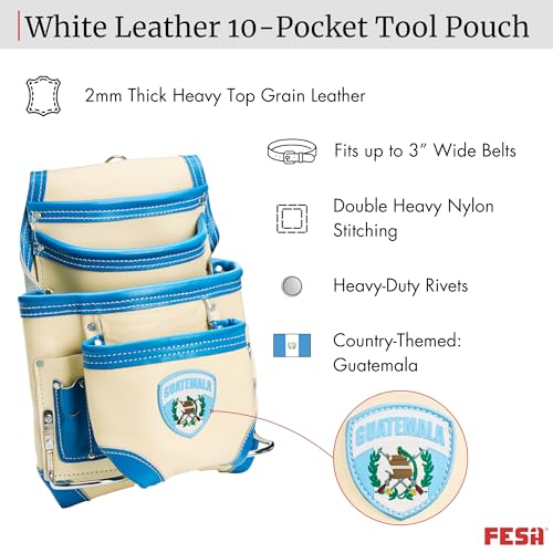 FESA Leather Carpenter Tool Pouch - 10-Pocket Heavy Top Grain Leather Carpenter Pouch with 2 Hammer Loops, Large & Small Pockets - Fits Work Belts up to 3" - Handcrafted - Country-Themed - color: White - Guatemala