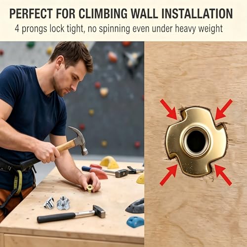 3/8"-16 T-Nuts for Climbing Holds: 22 Pack 4 Pronged Tee Nuts Zinc Plated Threaded Inserts - No Rust No Spin - size: 3/8"-16（22Pack）