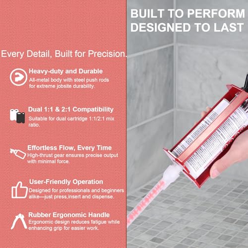 Epoxy Gun Dual Component 200ml – Manual 1:1 & 2:1 Ratio Adhesive Applicator for Epoxy, Urethane, Acrylic,High-Thrust 2-Part Adhesive Gun for Panel Bonding, Structural & Plastic Repair,Red - size: 200 ml/215 ml (1:1, 2:1)