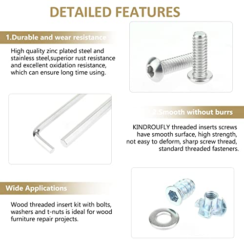 1/4-20 Threaded Inserts for Wood, T Nuts, Bolts With Button Head Socket Cap Screws (3/4", 1", 1/4"), Washers and Hex Wrench - 64 Pieces - size: 1/4"-20 Nut Bolt Assortment Kit, 64 Pieces
