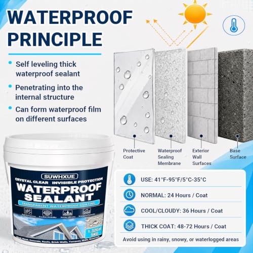 Clear Waterproof Sealant, SUWHXUE 1.32Gal/5KG Water-Based Transparent Waterproof Leak Repair Coating, Invisible Flexible Sealant for Concrete Walls Wood Metal Roof Water Sealer Indoor & Outdoor - size: 1.32 Gal