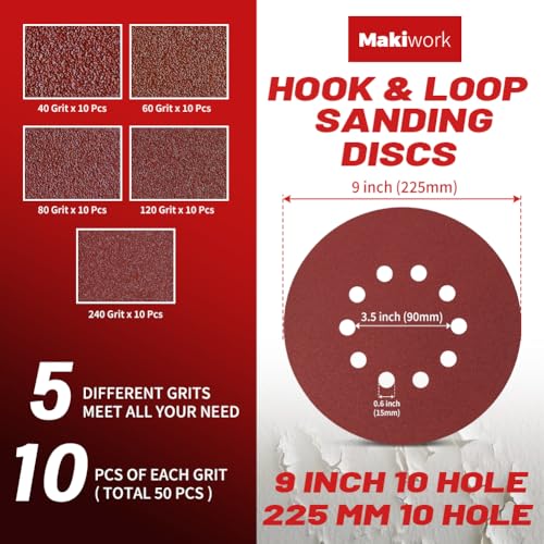 50PCS 9-Inch 10-Hole Hook & Loop Sanding Discs (40/60/80/120/240 Grit – 10 Each) – Multi-Grit Aluminum Oxide Sandpaper Set for Drywall Sander, Paint Removal, Wood & Metal Surface Prep - style: 10 Hole