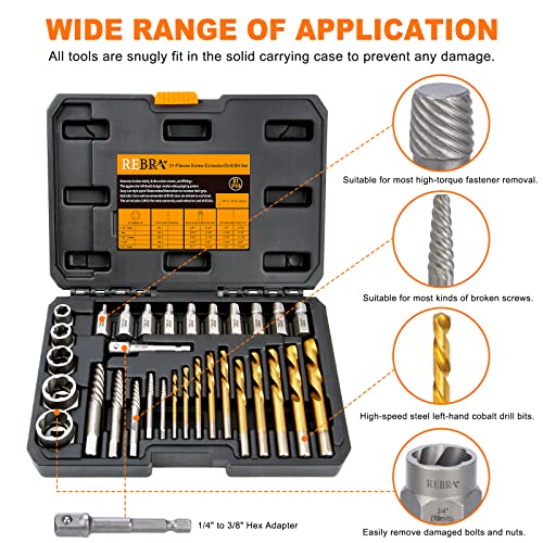 Screw Extractor Set, 37# Cr-Mo & 6542 HSS Steel Cobalt Left-Hand Drill Bit, Easy Out Broken Bolt Remover Reverse, Ez Out Stripped, Rounded-Off, Damaged Bolts, Screws&Studs Removal Tool (31-Pieces)