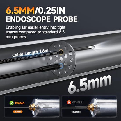FOXWELL Dual Lens 2-Way Articulating Borescope, 0.25in Ultra Slim Endoscope - size: 6.5mm