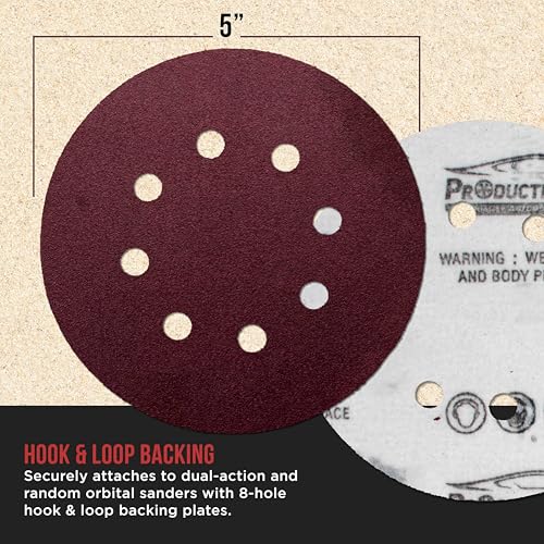 ProductionShop Premium 5" Red 8-Hole Pattern 100 Grit Sanding Discs, Box of 50 - Dustless Hook & Loop Backing Sandpaper for Random Orbital Sanders, Medium-Cut Abrasive - Woodworking, Sand Auto Paint - style: 100 Grit