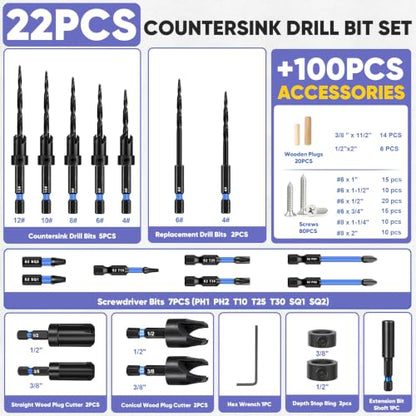 Countersink Drill Bit Set 22PCS with 20 Wood Plugs & 80 Screws for Wood
