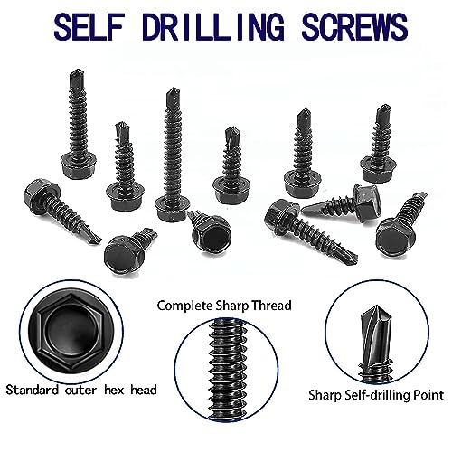 100pcs 410 Stainless Steel #8x1-1/2 Self Drilling Screws for Metal Plates Black hex Head High Strength & Corrosion Resistant self Tapping Screw (Hex #8x1-1/2) - size: Hex #8x1-1/2"